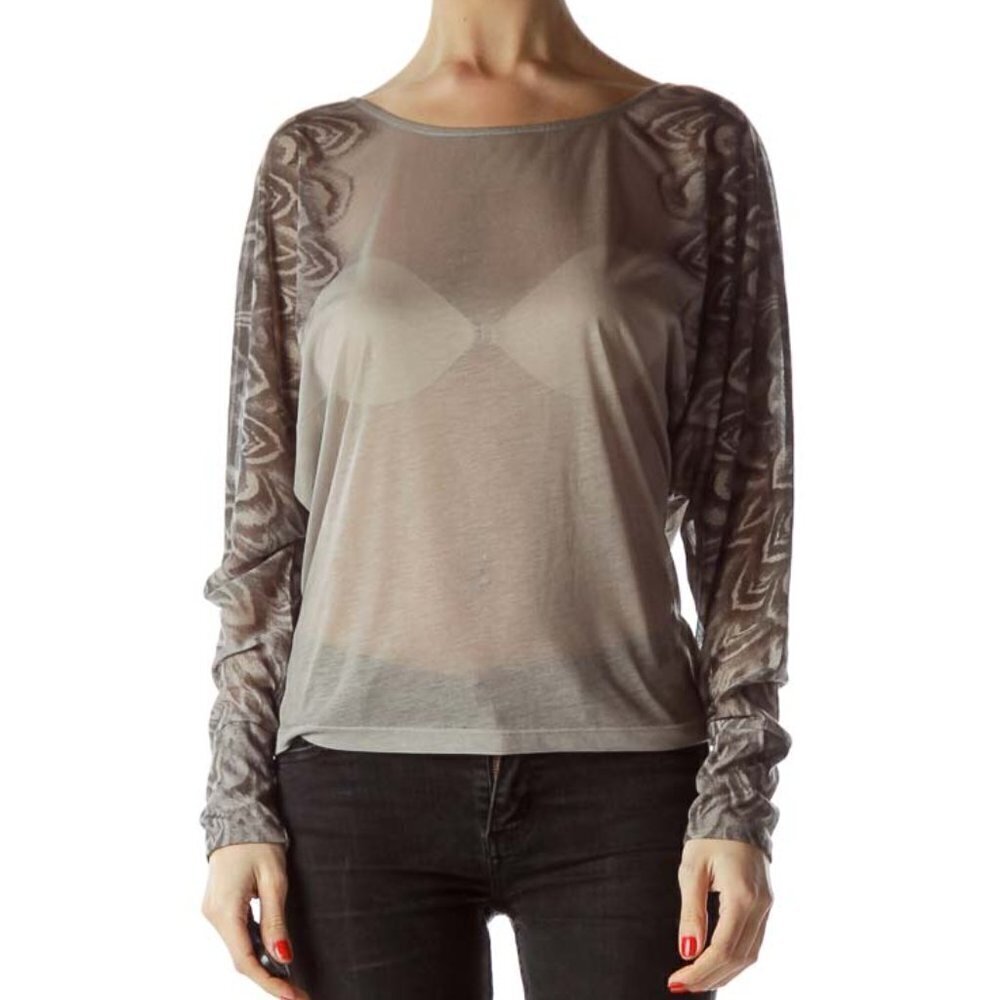 BCBG MaxAzria Gray Printed Bat Long-Sleeve Blouse